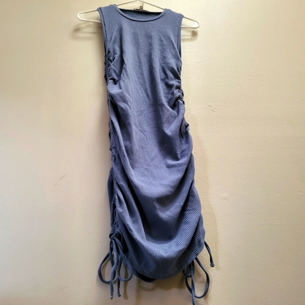 Love Tree Drawstring Side Ruched Tank Blue Midi Dress. Large